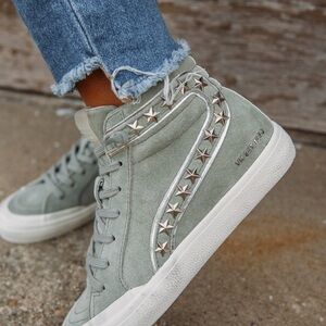 Vintage Havana Sage Green Suede High-Top Sneakers with Star Studs